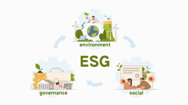 가운데 ‘ESG’ 문구를 중심으로 ‘governance’, ‘environment’, ‘social’의 일러스트가 보여집니다.